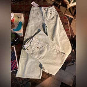 Two pair NWT ZARA wide leg jeans in sea foam with goldstone buttons. EUR34/US2